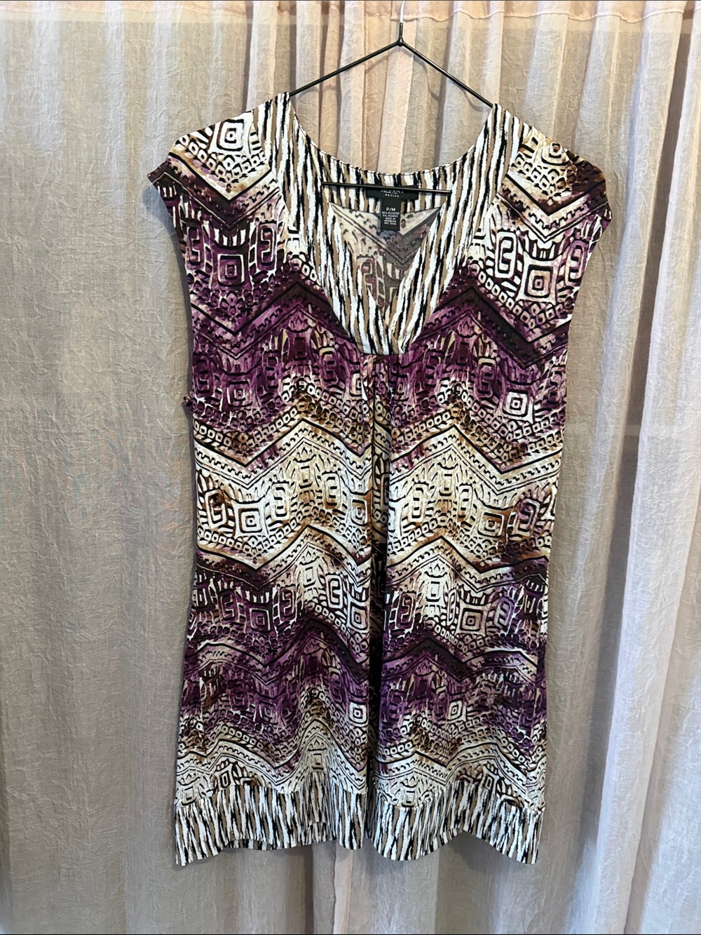 Alfani Purple and Cream Zigzag V-Neck Tunic
